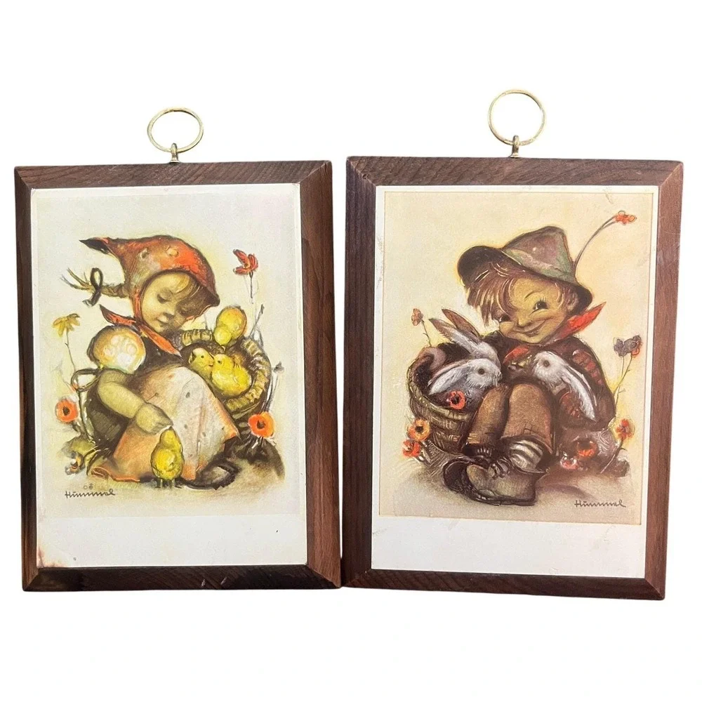 Vintage Hummel Art Products Wood Plaque Set Boy with Rabbits Girl with Chicks